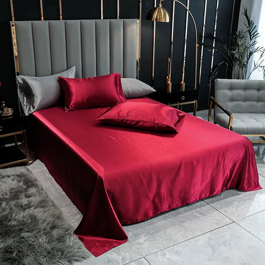 Bonenjoy 1PC Bed Sheet Wine Red Solid Color Smooth Top Sheets for Home Single/Queen/King Size Bed Linen Satin(no pillowcase)