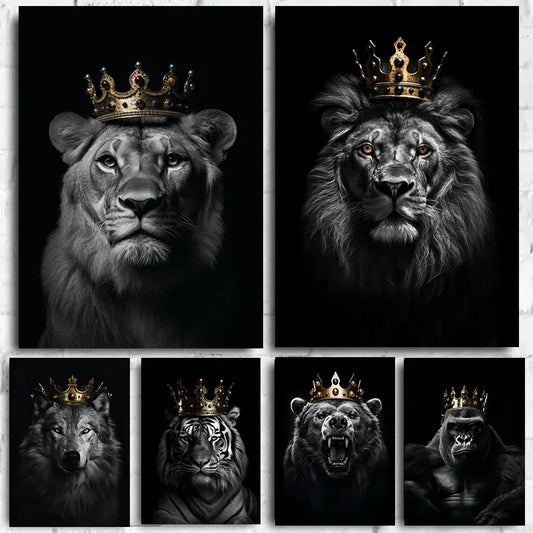 Animal Posters and Prints Lion King Tiger Wolf Eagle Bear with Crown Canvas Wall Painting Motivational Picture Room Home Decor