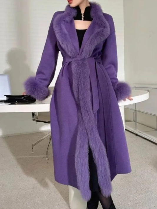 2023 Winter Women Fashion Fur Collar Long Woolen Coats Female Long Sleeve Thick Warm Purple Coats Office Lady Vintage Coats