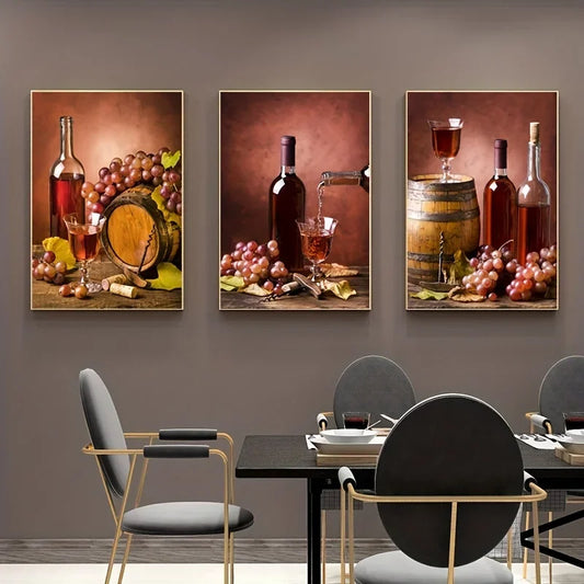 3pcs Wine Glass Barrel Art Paintings For Living Room Wall Art Luxury Vintage Canvas Prints And Posters Kitchen Dinning Room
