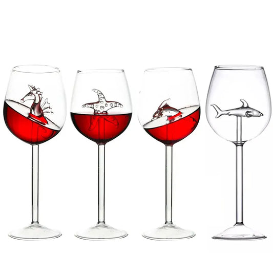 2Pcs Long Stem Shark Red Wine Glass Starfish Dolphin Glass Cup Crystal Wedding Champagne Goblet Home Bar Party Anniversary Gifts