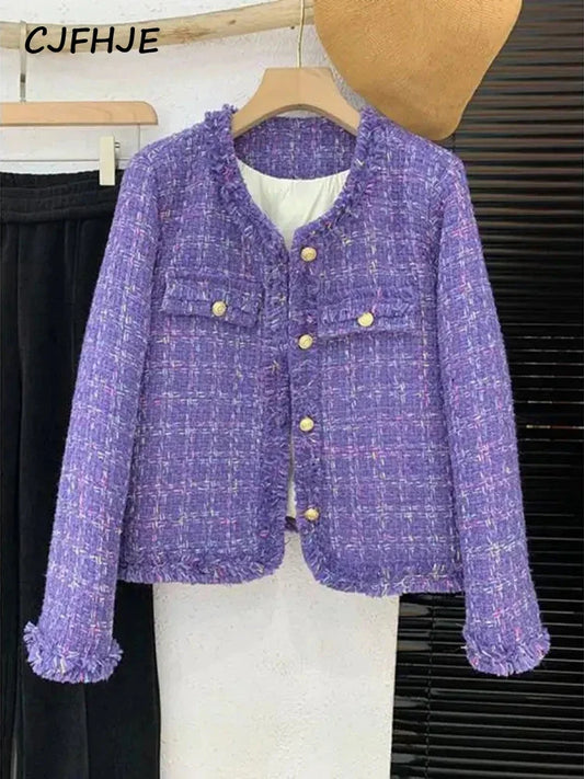 CJFHJE Purple Plaid O-neck Women Suit Coat Pink New Winter Thickened Woolen Blazers Long Sleeve Single-breasted Female Outerwear