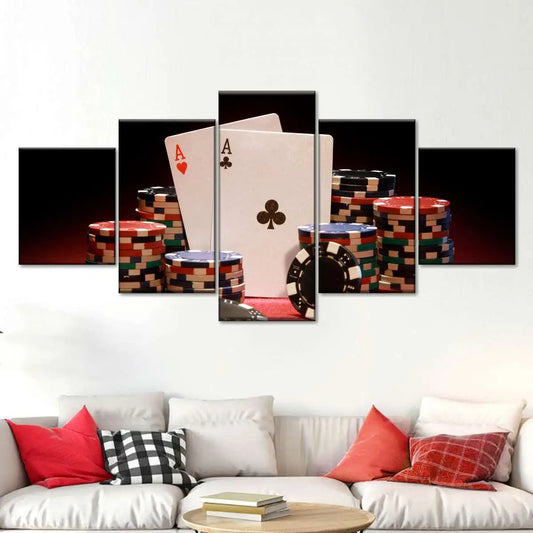 5 Panel Poker Game Canvas Painting Poker Aces Wall Art Playing Card Posters and Prints for Casino Game Room Wall Decoration